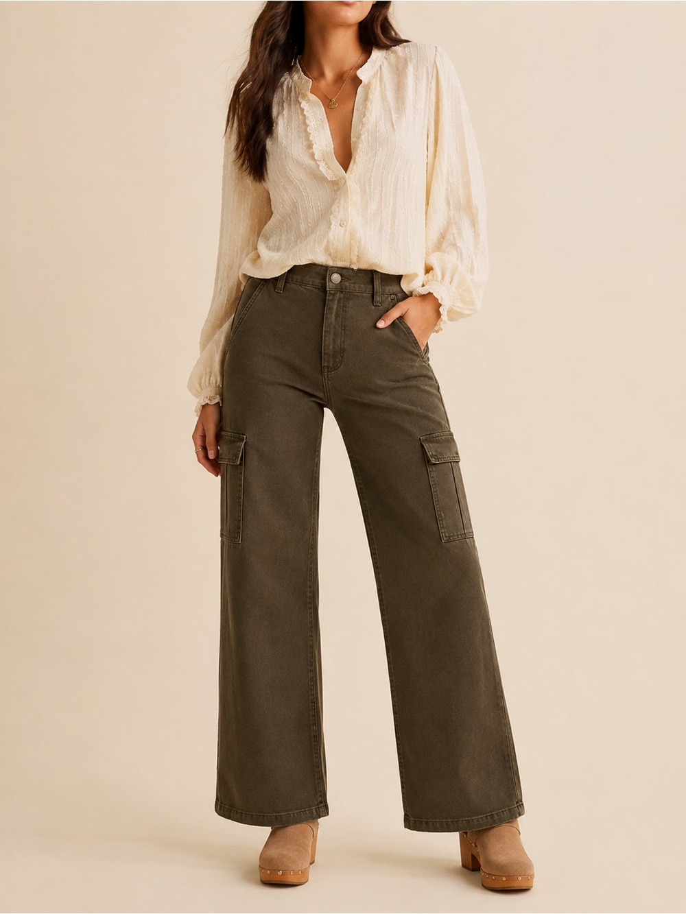 KUT From The Kloth Miller High Rise Wide Leg Cargo Pants Olive Size 6